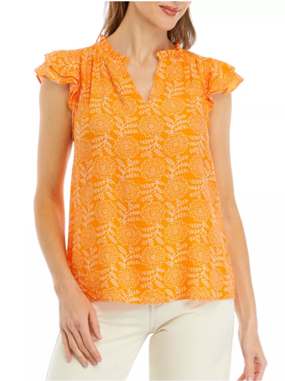Wonderly Split Neck Flutter Sleeve Orange Top. Size Small.